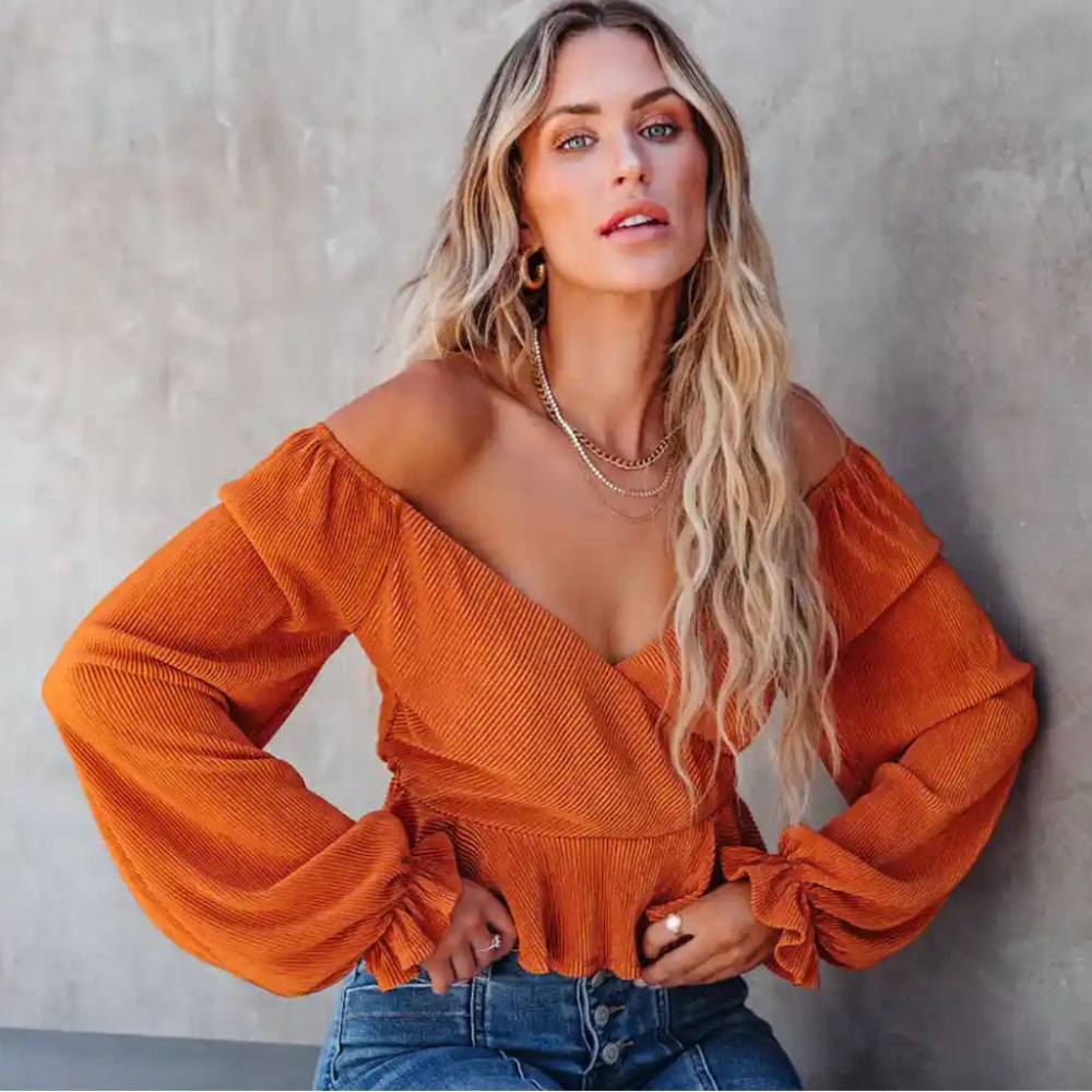 Vici Pumpkin Spice & Everything Nice Plisse Peplum Top in Copper